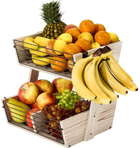 NiHome Corbeille à fruits en bois à 2 niveaux pour cuisine, bol à fruits, support pour comptoir de cuisine, pain, fruits, légumes (marron)
