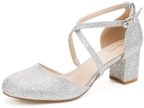 Greatonu Womens Court Shoes Mid Heel Chunky Dress Sandals Ladies Ankle Strap Wedding Party Pumps Sliver Glitter Size 8