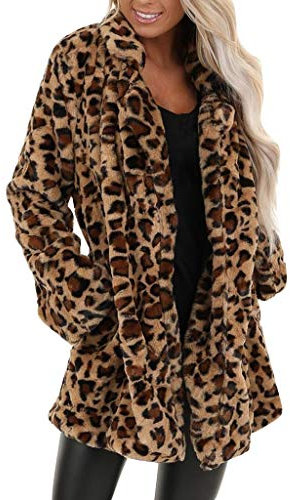 Duohropke Damen Leoparden Mantel Teddy Plush Parka Kunstpelz Mit Tasche Fuzzy Warm Coat Herbst Winter Langarm Winterjacke Frauen Übergroße Outwear Casual Faux Fur Jacke Leo Oversize