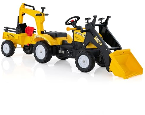 COSTWAY Trettraktor, Kinder Traktor mit Abnehmbarer Anhänger & Grabschaufel, Baggerlader bis 35 kg belastbar, Sitzbagger für Kinder von 3-6 Jahre (Gelb)