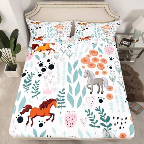 Erosebridal Kawaii Horse Bedding Set,Cartoon Horse Fitted Sheet Twin,Cute Love Heart Leaf Flower Bed Sheets for Kids Girls Boys,Paw Print Farm Animals Sheets with 1 Pillow Case