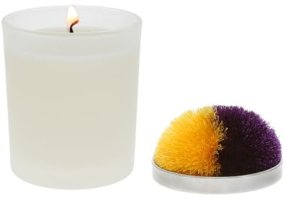 Pavilion Gift Company - 5.5 oz Glass Frosted White Glass Single Wick 100% Soy Floral Tranquility Scented Wax - Purple & Yellow Pom Pom Lid - Sports Lover Fan Enthusiast