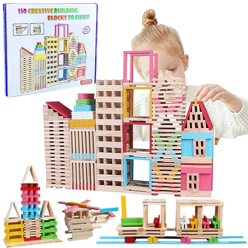Holzbausteine Natur, 150 bunte Holzbausteine, Holzsteine zum Bauen, Holzbaukasten,Spielzeug ab 3 4 5 6 Jahre, Bauklötze Holz für Kinder,Geschenke Junge und Mädchen, Ostergeschenke, Kreatives