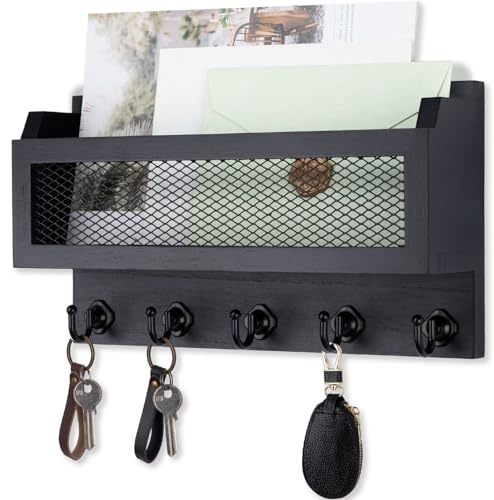 Nekon Mail and Key Holder for Wall Decorative, 11 Inch Mail Holder, Black | Wooden Wall Key Organizer with 5 Key Hooks, Wall Mount Storage Shelf for Entryway Hallway