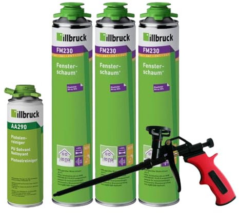 FM230 Lot de 3 mousses de construction pour fenêtres et façades, jusqu'à 30 % flexible, haute isolation phonique et thermique, 750 ml, combinés (avec nettoyant AA290 + pistolet à mousse Business