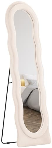 HOMCOM Espejo de Cuerpo Entero 160x50 cm Espejo de Pie o de Pared Diseño Ondulado Marco con Tela de Terciopelo para Salón Dormitorio Crema