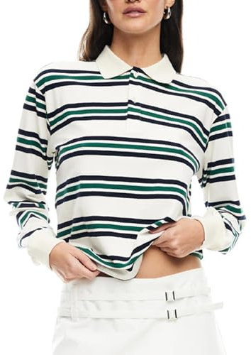 Polo rayé surdimensionné pour femme à manches longues court vintage - Haut de rugby à col revers Y2k - Pull t-shirt streetwear, Vert, L