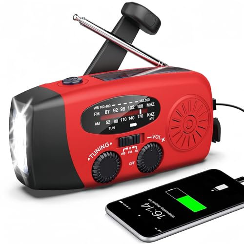 Radio solaire portable avec météo AM/FM/NOAA, générateur de manivelle, batterie externe rechargeable de 2000 mAh, chargeur USB pour téléphones portables, lampe de poche LED, pour urgences, camping
