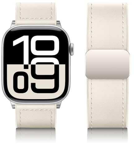 Qimela Magnetiskt läderarmband kompatibelt med Apple Watch Band 38 mm 40 mm 41 mm 42 mm 44 mm 45 mm 46 mm 49 mm för män kvinnor, toppkornigt äkta läderarmband för iWatch serie 10 9 8 7 6 5 4 3 Ultra 2