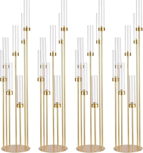 MYOYAY 4 set guld 7 armar golv kandelaber 46,5 tum höga golvljushållare metall ljushållare med akryl lampskärm ljusstake mittpunkt för elektroniskt ljus, bröllop, hem, fest dekoration