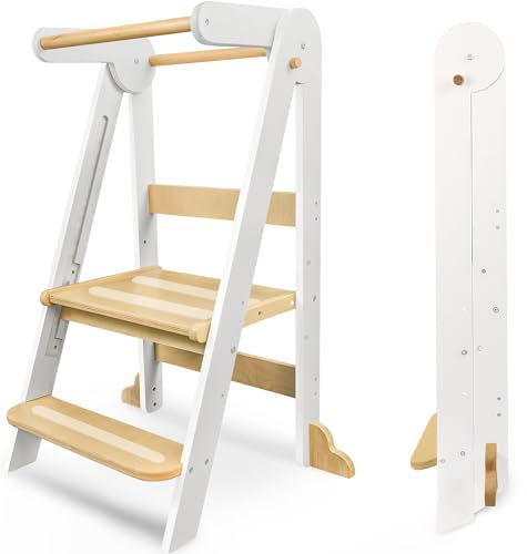 Foldable Learning Tower, Kitchen Stool for Kids with Non-Slip Design,Wooden Toddler Standing Towers with 3 Adjustable Heights & Safety Rails,Montessori Step Stool for Kitchen Counter Bathroom (White)