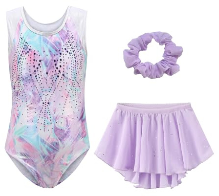 Girls 3 PCS Halter Gymnastics Set Sleeveless Shiny Rhinestone Leotards Jumpsuit with Removable Skirt Dance Outfits