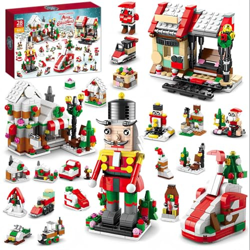LATERN 2025 Christmas Advent Calendar, 24 Days Christmas Countdown Calendar with 1075Pcs 6 In 1 Stocking House Soldier Building Blocks Toys for Kids Christmas Gifts Holiday Decoration Party Favors