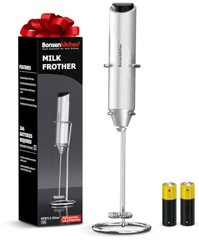 Bonsenkitchen Milk Frother with Stand for Coffee, Battery Operated Frother