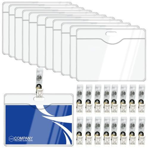 ASOUUNLD 50 Piezas Porta Tarjetas Identificativas Funda de Tarjeta de Identificación Transparente Portatarjetas Horizontal Impermeable con Clip para Escuelas Oficinas Conferencias Exposiciones