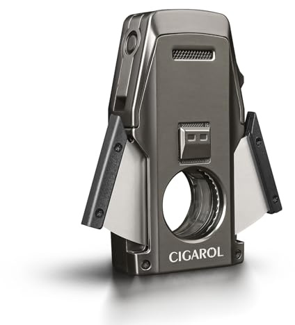 Cigarol 4-in-1 Double Flame Cigar Lighter with Automatic Cutter, Punch, Holder & Gift Box - Elegant Gunmetal Design, 90 x 45 x 20 mm, Zinc Alloy, Automatic Flame Regulation, Refillable