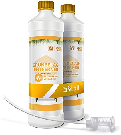 FURTH CHEMIE Grünbelag-Entferner-Konzentrat | 2 x 1 L inkl. Dosierkopf | zum Entfernen von Grünbelägen, Algen, Flechten auf Fassade, Holz, Dach, Terrasse, Markise, Pflasterstein | 30fach verdünnbar
