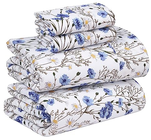 Ruvanti Sábanas de percal 100% algodón para Cama tamaño King, Bolsillo de 40,6 cm de Profundidad, Ajuste, Frescas y cómodas, diseño Floral Azul (1 Plano, 1 Bajera y 2 Fundas de Almohada)