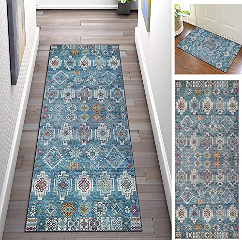 Stootrel Teppich Läufer Flur rutschfest Waschbar 50X210cm Blau Korridor Teppich Küchenteppich Küchenmatte Teppichläufer für Esszimmer, Küche, Flur