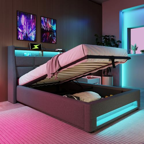 Kayan Polsterbett 90x200cm, Einzelbett mit Stauraum und Lattenrost, LED Kopfteil mit USB Ladefunktion, Stauraumbett Funktionsbetten Rückenlehne Bettgestell, Leinen (Grau, 90x200cm)