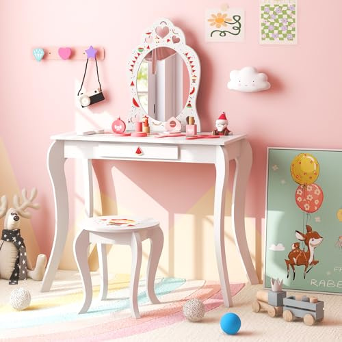 COSTWAY Kids Vanity Table and Stool, 2 in 1 Girls Makeup Dressing Table with Removable Mirror and Drawer, Wooden Children Study Desk and Chair Set (White with Watermelon Print)