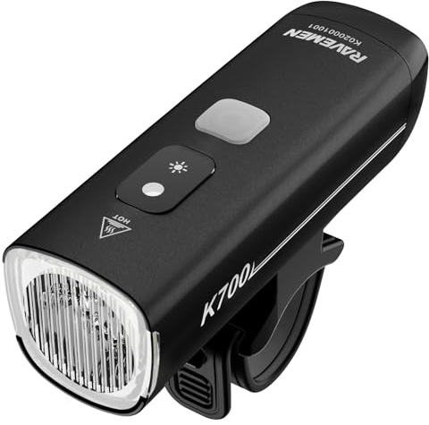 RAVEMEN K700 Faro de Bicicleta, 700 Lúmenes Modo de Luz Diurna Inteligente USB-C IPX7 Resistente al Agua 4 Modos Adecuado para Desplazamientos,Montar en Carretera