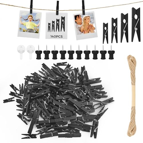 HavaCue 140 Stück Mini Holzklammern Klein,2.5/3/3.5/4.5CM Natürliche Mini Wäscheklammern,Hochzeit Kleine Holzklammern Für Polaroid Fotos mit 10M Jute String DIY für Fotowand Display Party (schwarz)