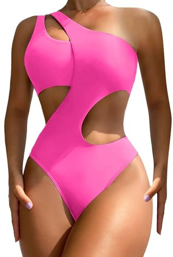 Badeanzug Sexy Pole Dance Outfit Damen-Badeanzug, einfarbig, modisch, mit hohler Bauchabdeckung, Bikini-Schwimmbadeanzug Bikini Hose Damen Bikinihose Schwarz Damen (Pink, S)