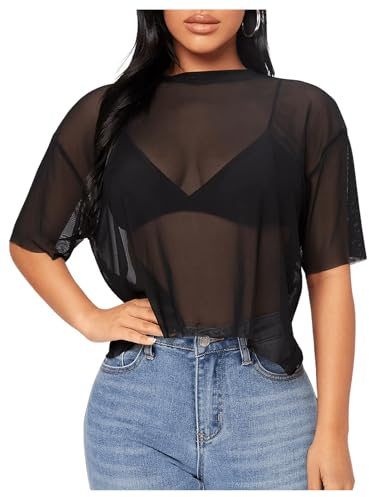 GORGLITTER Damen Mesh Oberteile Durchsichtig Netzstoff Tops Kurzarm T-Shirt Netz Sommershirt Transparent Tops für Outfit Party Schwarz M