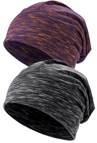 Kiiwah 2 Pièces Bonnet Hiver pour Hommes et Femmes, Unisexe Slouch Bonnet Long pour Sport, Chimio, Cancer, Sommeil (Noir, Violet)