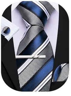 Barry.Wang Cravate rayée à carreaux avec pince à cravate pour homme en soie - Ensemble de boutons de manchette carrés - Ensemble formel d'affaires ou de mariage, Bleu marine, noir., taille unique