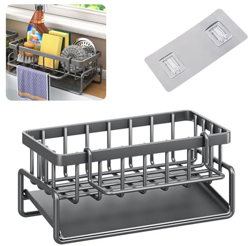 FutrLiv Scolapiatti da cucina in acciaio con vassoio autosvuotante, organizzatore ideale per spugne e strofinacci, mantiene il piano di lavoro asciutto