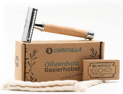 Chinchilla® Rasierhobel Olivenholz & Metall + 50 Rasierklingen | nachhaltiger Nassrasierer für Damen & Herren | inkl. Beutel | Zero Waste & plastikfrei