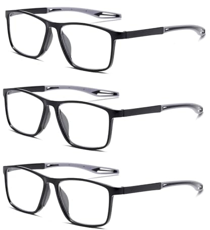 Viseng 3 Paia 0cchiali da lettura Nero Sportivo Montatura Grande Quadrata Occhiali per Uomo e Donna Lettore Anti Luce Blu 1.5