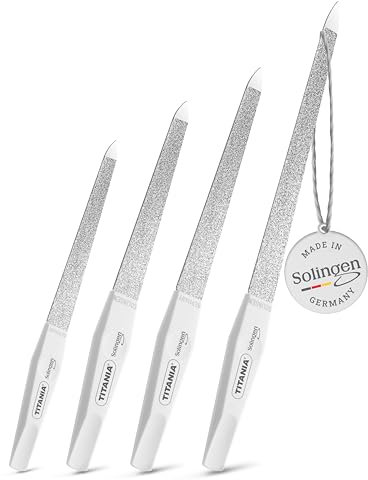TITANIA® Solinger Saphir - Set di 4 lime per unghie professionali (12/15/17/20 cm) con manico bianco - Lima per unghie e unghie naturali - Lime di alta qualità per manicure e pedicure