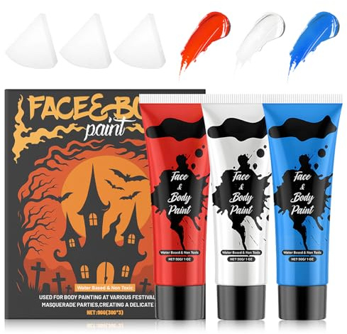 WEILAOK Peinture Visage Halloween, Maquillage Enfant Halloween, Blanc, Bleu Et Rouge Peinture Corps et Face, Séchage Rapide, Longue Tenue, Idéal Pour Maquillage D'halloween, Jeux De Rôle, 3 Pièces