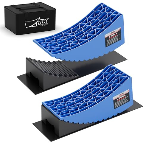 TOWKING Cuñas de ascenso, 1 juego/2 piezas, cuñas probadas para autocaravanas, caravanas y remolques, capacidad de carga de hasta 13,6 toneladas, nivelación fácil y sin niveles (azul + negro)