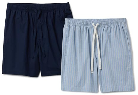 Amazon Essentials Pantalones Cortos de Pijama de Popelina Elástica y Algodón para Estar por Casa Hombre, Paquete de 2