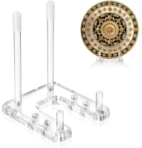 FODIENS Plate Stands for Display, 1 Pack Clear Acrylic Display Easel with Adjustable Pegs for Decorative Plate, Books, Records, Plaque, Picture Frame, Platter Tabletop Art (1-Pack)
