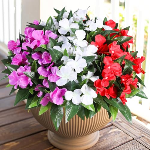 Veryhome Konstgjorda blommor utomhus 3 buntar silkesblombukett falska pelargon impatiens för utomhus inomhus konstgjorda växter UV-beständig för hem trädgård fönsterlådor dekoration (lila och röd och