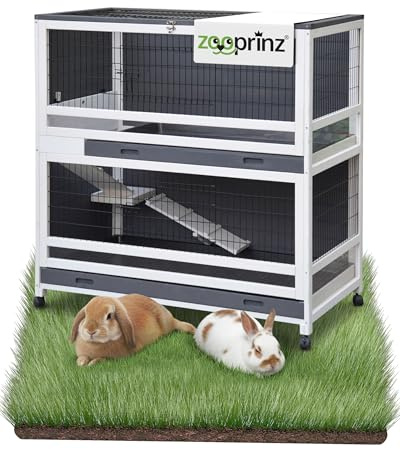 zooprinz gemütliches Hasenzuhause 2 Etagen -115×60×118 cm – Hasenstall/Kaninchenstall aus Holz auf 4 Rollen (mit Bremsen), herausziehbare Wannen 89×57 & 110×57 cm, trennbar, große Türen + Klappdach