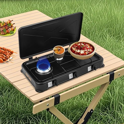 Réchaud à gaz portable à 3 feux en aluminium avec tuyau et régulateur, pour camping et cuisine en plein air, sécurité d'allumage intégrée, compatible avec bouteille de gaz ou cartouche à vis (noir)