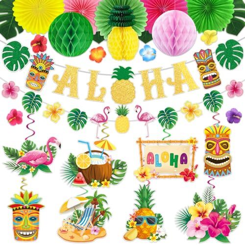 BlueCloudy Decoración Fiesta Hawaiana, Set Tropical Playa Verano con Bandera Aloha Flores de Papel en Abanico Bolas de Panal Hojas Falsas de Monstera Colgantes Espiral para Decoración de Vacaciones