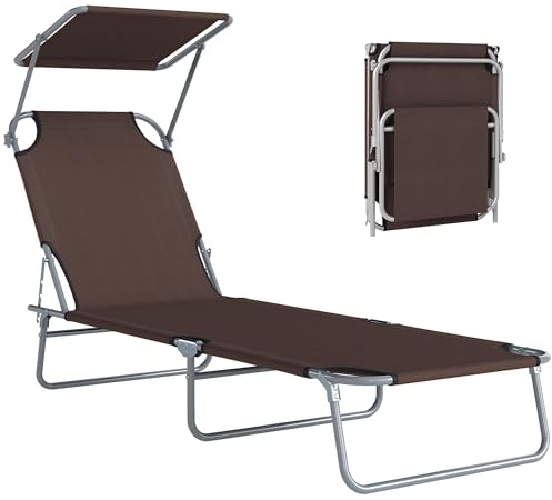 Outsunny Lettino Prendisole da Giardino Pieghevole con Tettuccio Schienale Regolabile, Sdraio da Giardino in Tessuto Oxford e Metallo, per Spiaggia, Piscina, 187x58x36 cm, Marrone