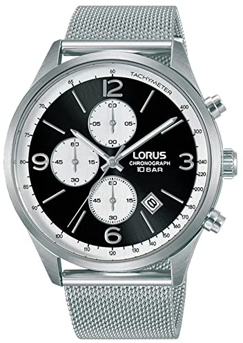 Lorus Herren Analog Quarz Uhr mit Leder und Metall Armband,Silber/Schwarz