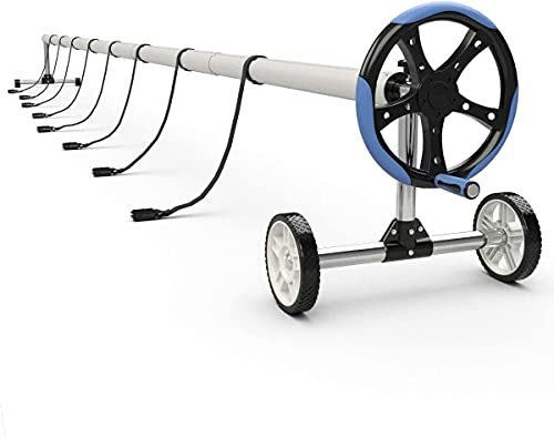 RELAX4LIFE Enrouleur de Couverture Piscine Extensible Réglable de 1,3 à 5,5 m pour Bâches et Films Solaires, Enrouleur de Piscine en Acier Inoxydable Mobile avec 8 Sangles de Fixation