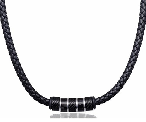David Galvani Collana da uomo con ciondolo a perla in acciaio inossidabile, collana per uomo, acciaio inossidabile, sfera, catena in pelle, pelle intrecciata, 55 cm, Pelle