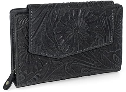 Hill Burry Damen Geldbörse | Leder Langbörse Blumen | Blumenmuster Vintage Portemonnaie | Echt-Leder Geldtasche Groß (Schwarz)