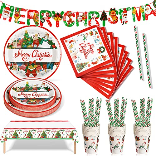 Nkaiso 126-Piece Christmas Party Tableware Set - Paper Plates, Cups, Napkins for 25 Guests