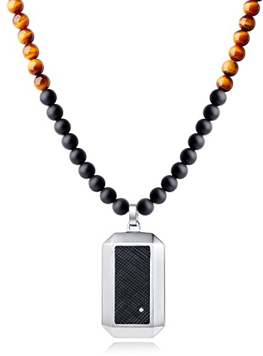 GAVU Collar para Hombre con Cuentas de Cristal Natural Ónice Mate y Ojo de Tigre con Colgante Chapa Militar Rectangular de Acero Inoxidable 50cm